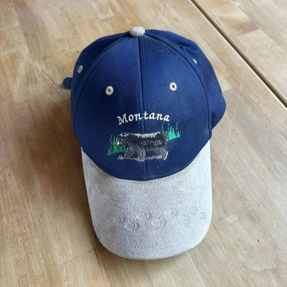 Vintage Montana Hat Cap Strap Back Blue Suede Brim Embroidered Bear Paw Prints - Picture 2 of 6